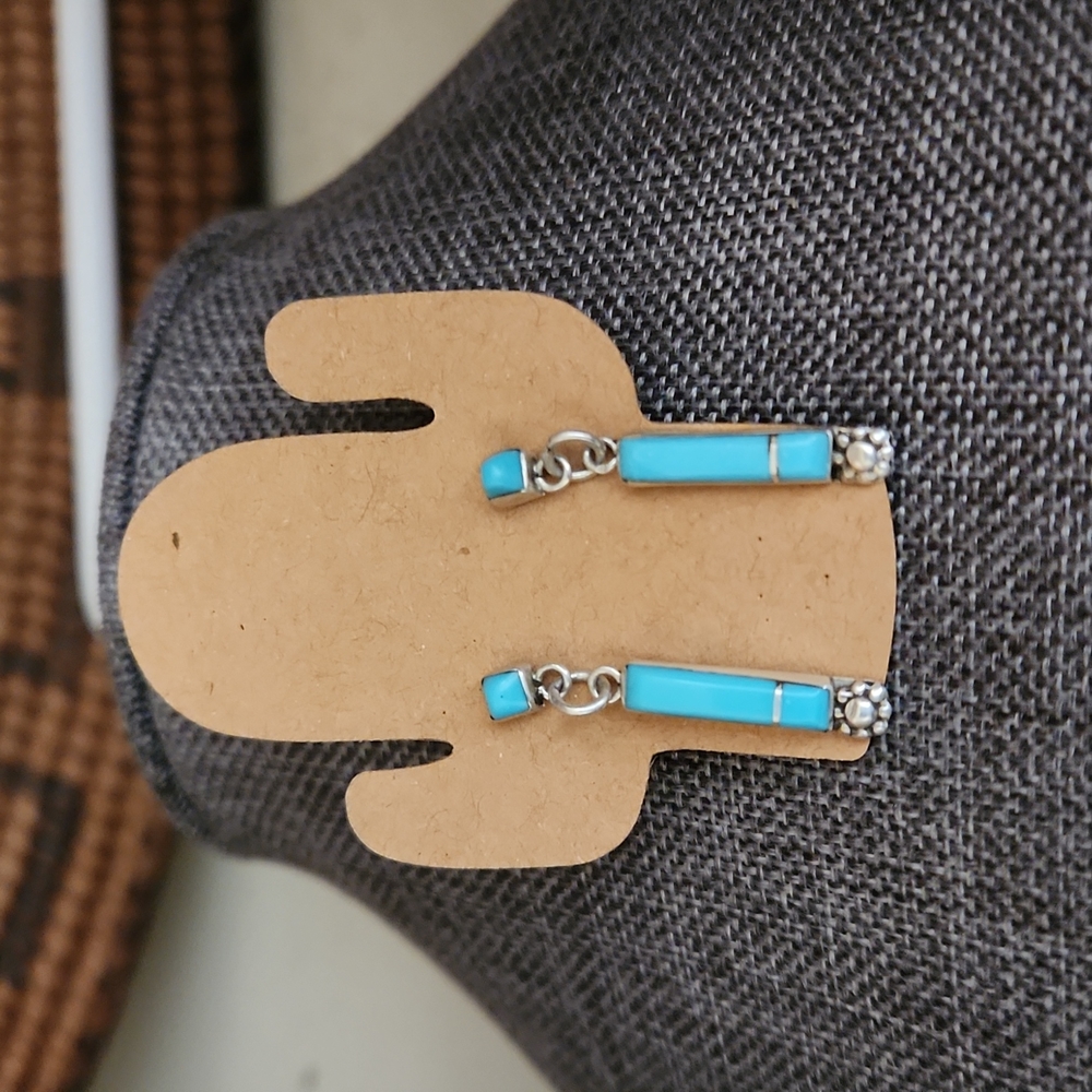 Gorgeous Native American Zuni Inlay Turquoise Dangle Earrings
